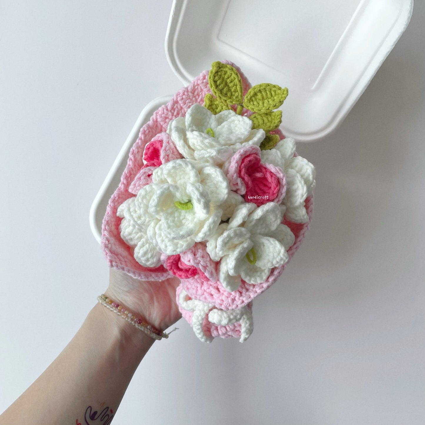 handicroft singapore handmade crochet white pink jasmine flower bouquet bento box