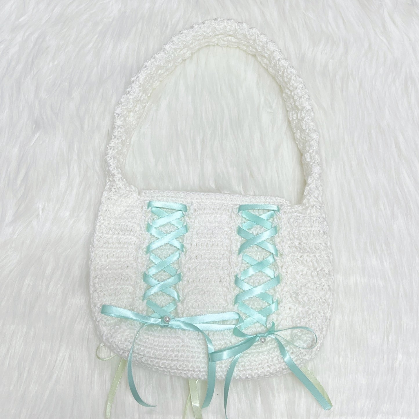 crochet cinta ribbon bow shoulder bag - pearl white double side blue & green ⋆౨ৎ˚⟡˖ ࣪