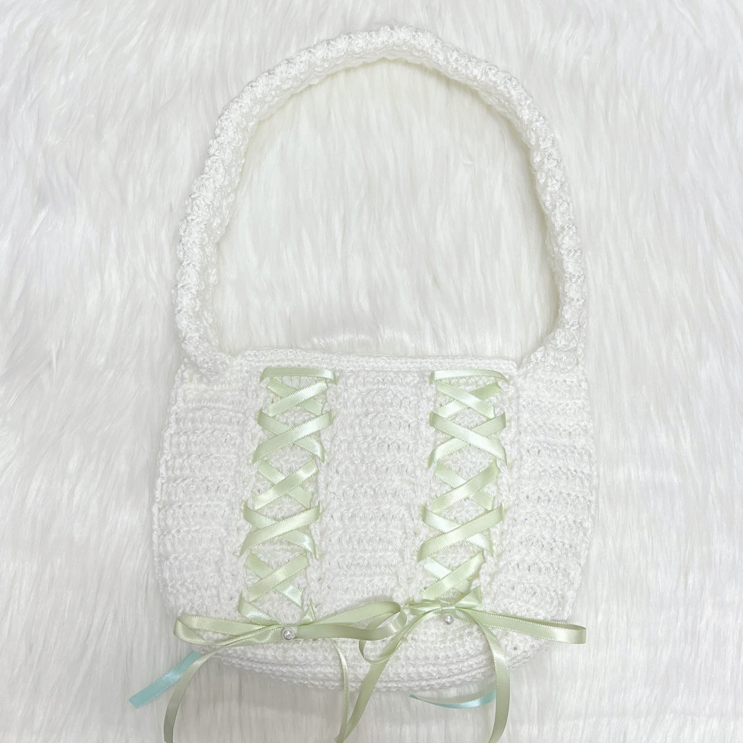 crochet cinta ribbon bow shoulder bag - pearl white double side blue & green ⋆౨ৎ˚⟡˖ ࣪