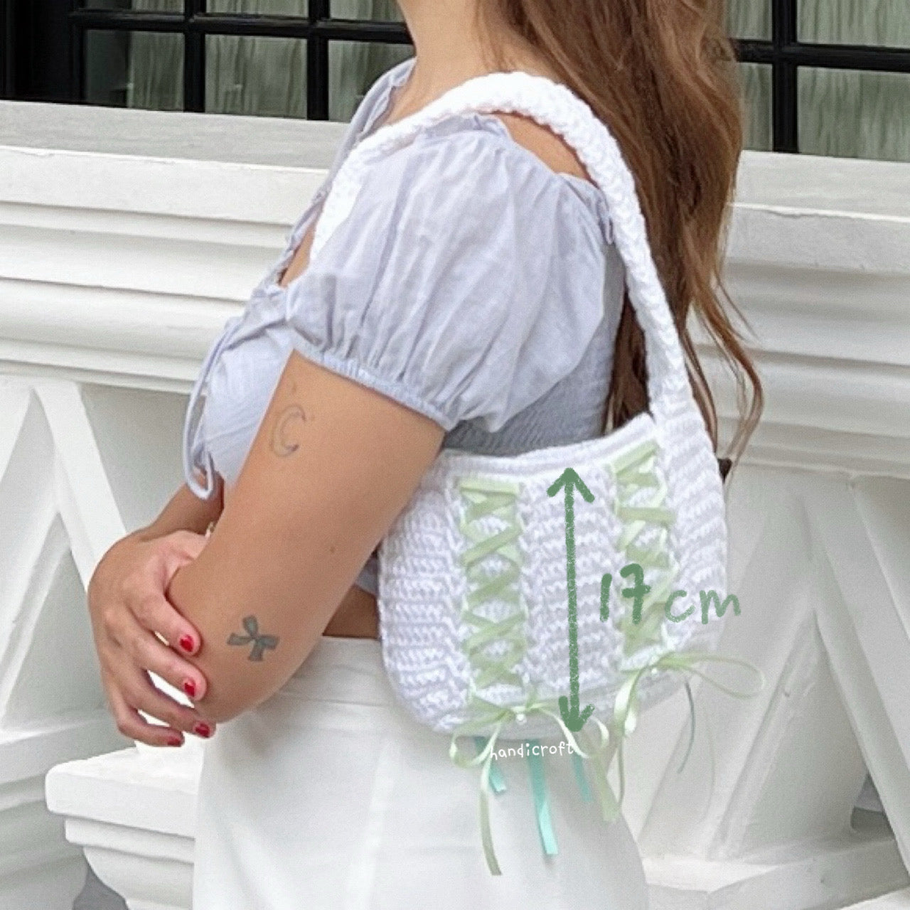 crochet cinta ribbon bow shoulder bag - pearl white double side blue & green ⋆౨ৎ˚⟡˖ ࣪