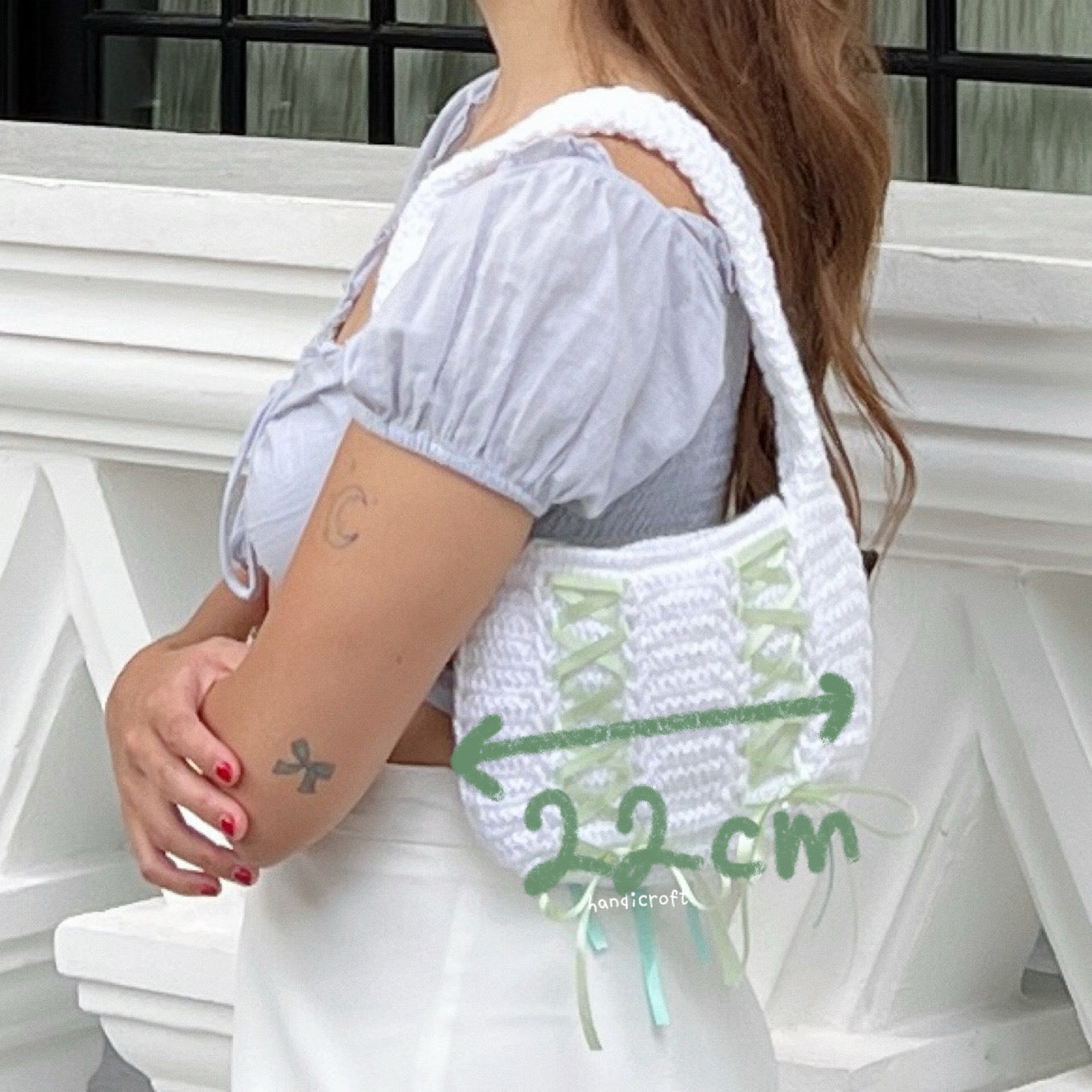 crochet cinta ribbon bow shoulder bag - pearl white double side blue & green ⋆౨ৎ˚⟡˖ ࣪