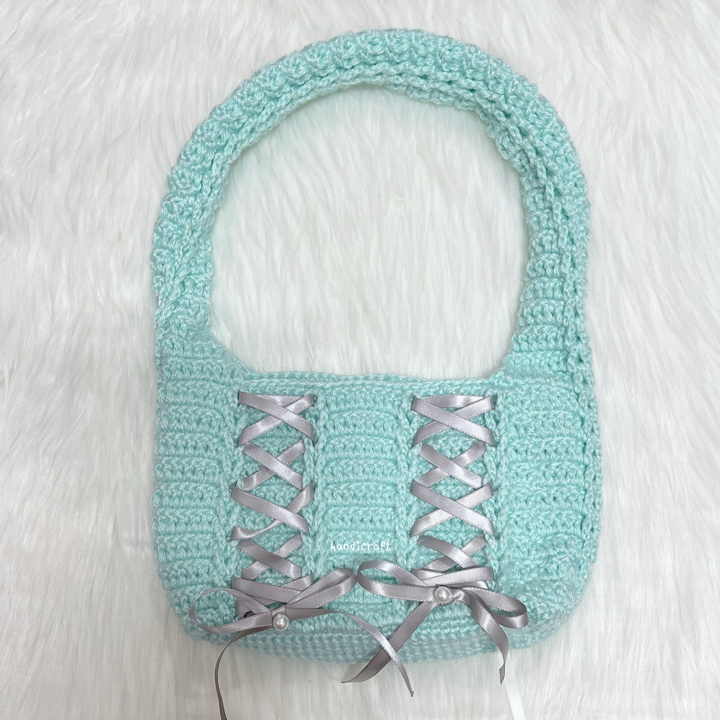 crochet cinta ribbon bow shoulder bag - turquoise double side white & grey ⋆౨ৎ˚⟡˖ ࣪