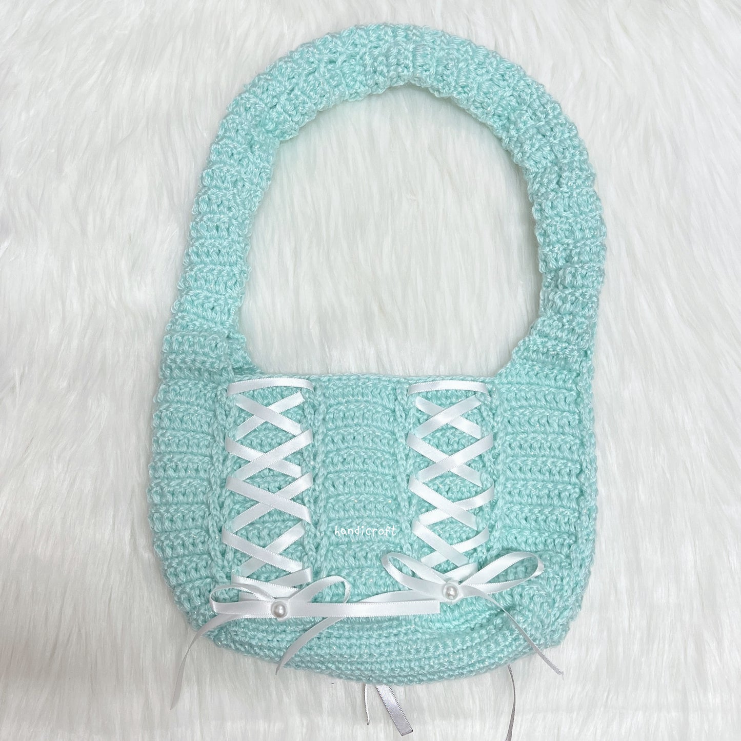 crochet cinta ribbon bow shoulder bag - turquoise double side white & grey ⋆౨ৎ˚⟡˖ ࣪