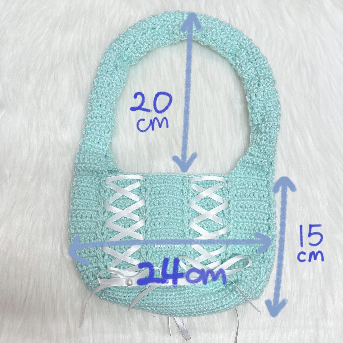 crochet cinta ribbon bow shoulder bag - turquoise double side white & grey ⋆౨ৎ˚⟡˖ ࣪
