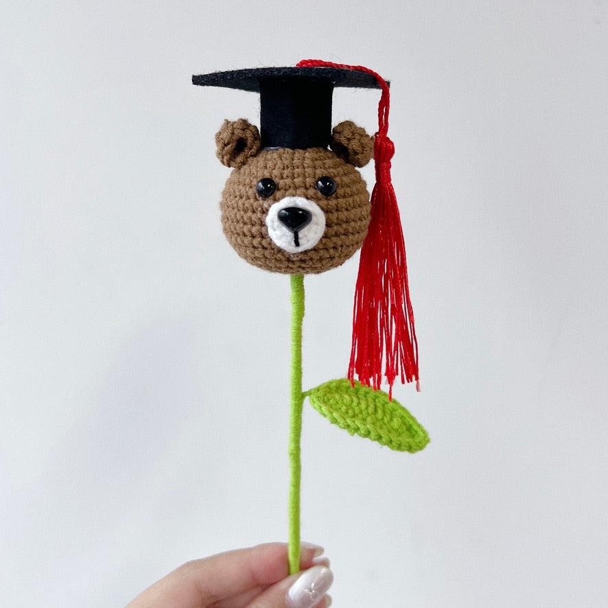 crochet cartoon character animal single stalk flower bear with mortarboard