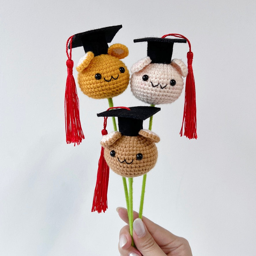 crochet cartoon character animal single stalk flower hamster with mortarboard