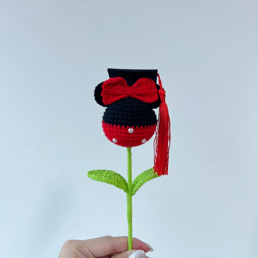 crochet cartoon character animal single stalk flower minnie with mortarboard
