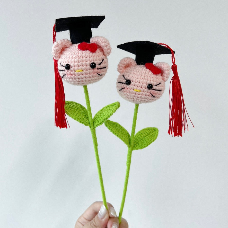 crochet cartoon character animal single stalk flower sanrio hello kitty with mortarboard