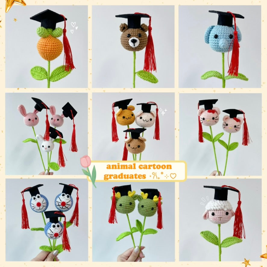 crochet cartoon character animal single stalk flower with mortarboard 2