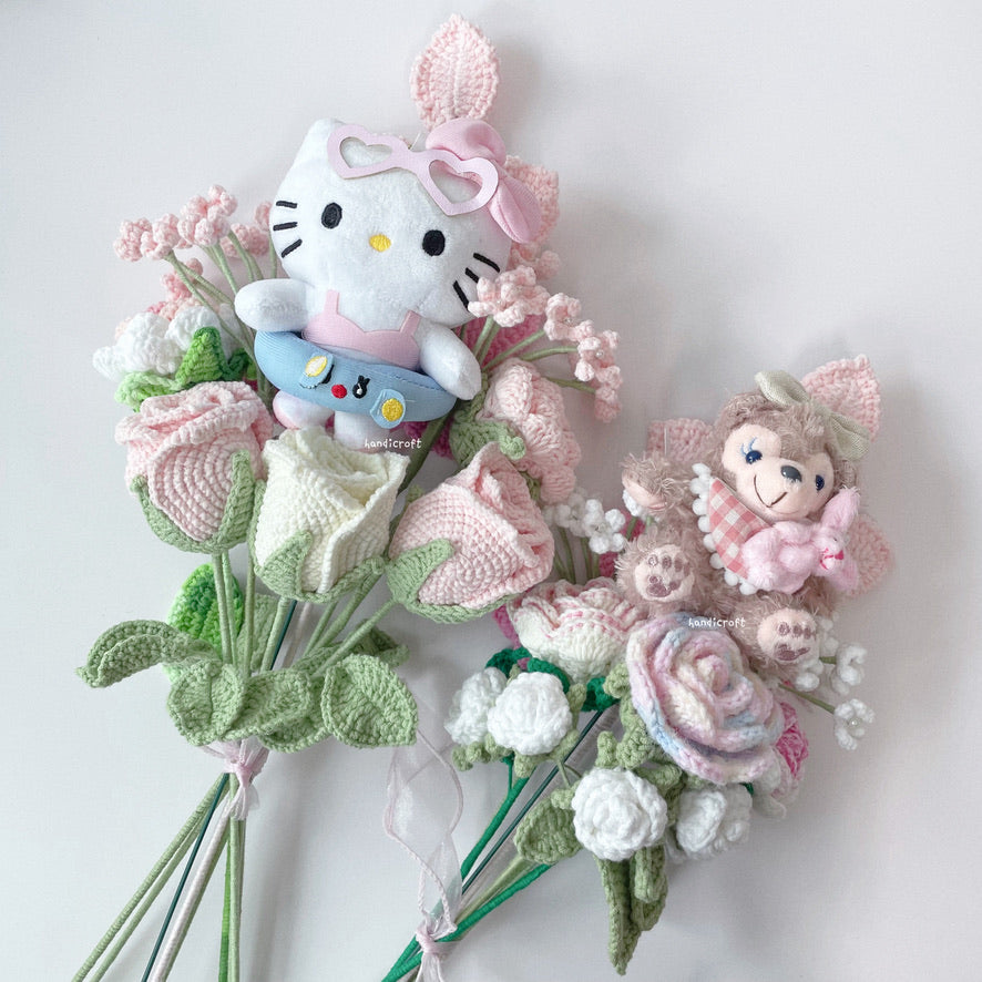 floral friends forever cartoon character cutie crochet flower bouquet in pink white