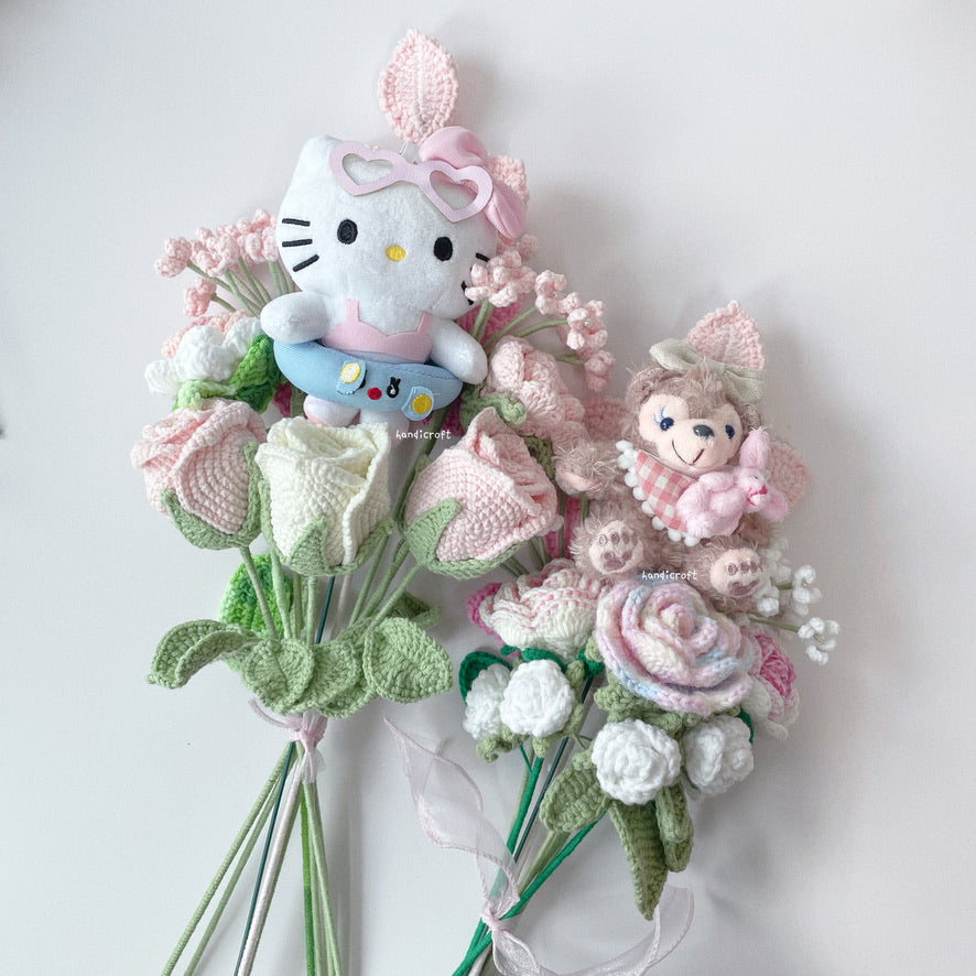 floral friends forever cartoon character cutie crochet flower bouquet in pink white