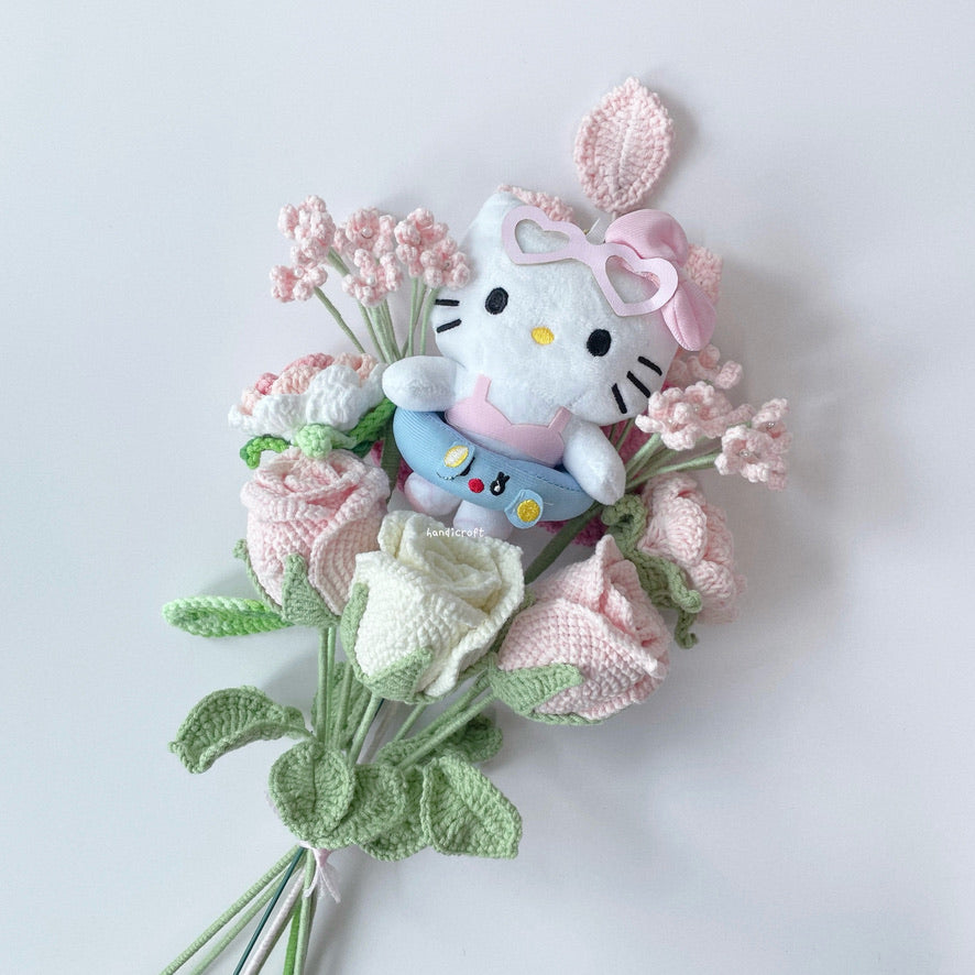floral friends forever cartoon character cutie crochet flower bouquet in pink white sanrio hello kitty