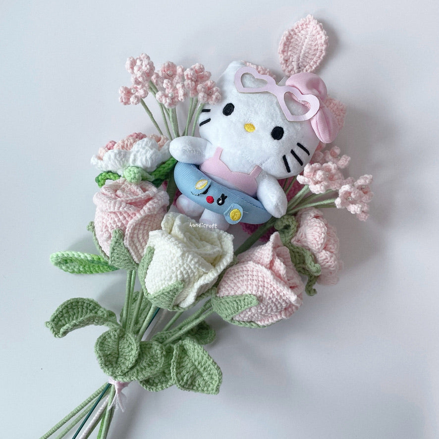 floral friends forever cartoon character cutie crochet flower bouquet in pink white sanrio hello kitty