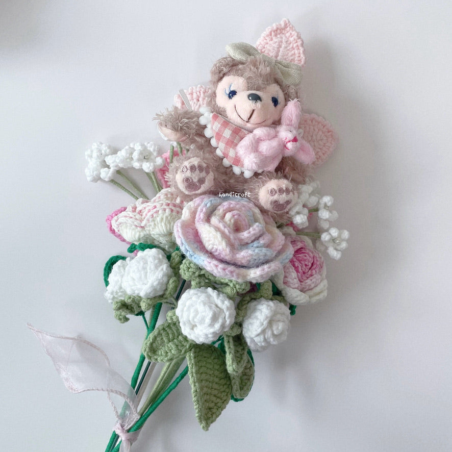 floral friends forever cartoon character cutie crochet flower bouquet in pink white shelliemay