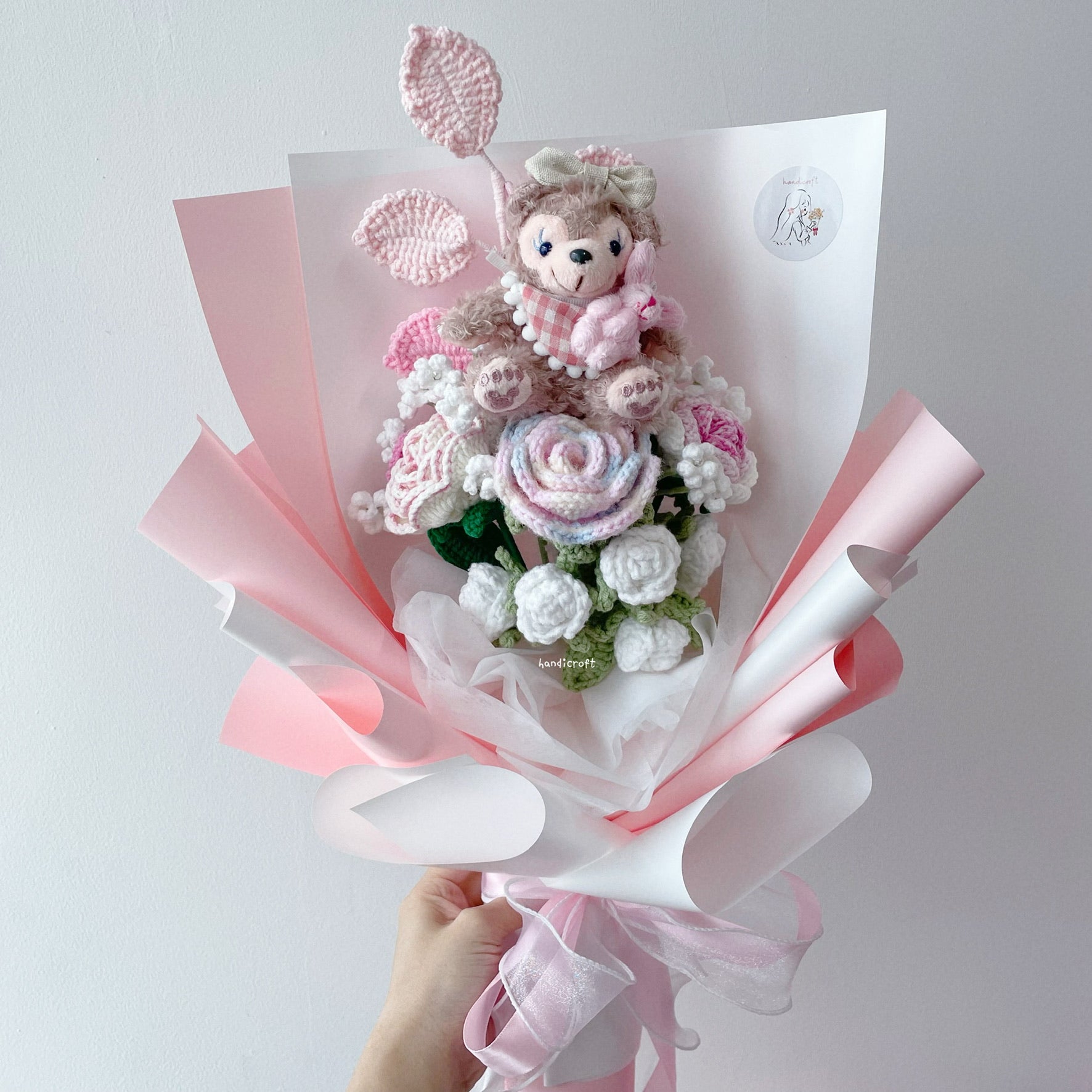 floral friends forever cartoon character cutie crochet flower bouquet in pink white shelliemay