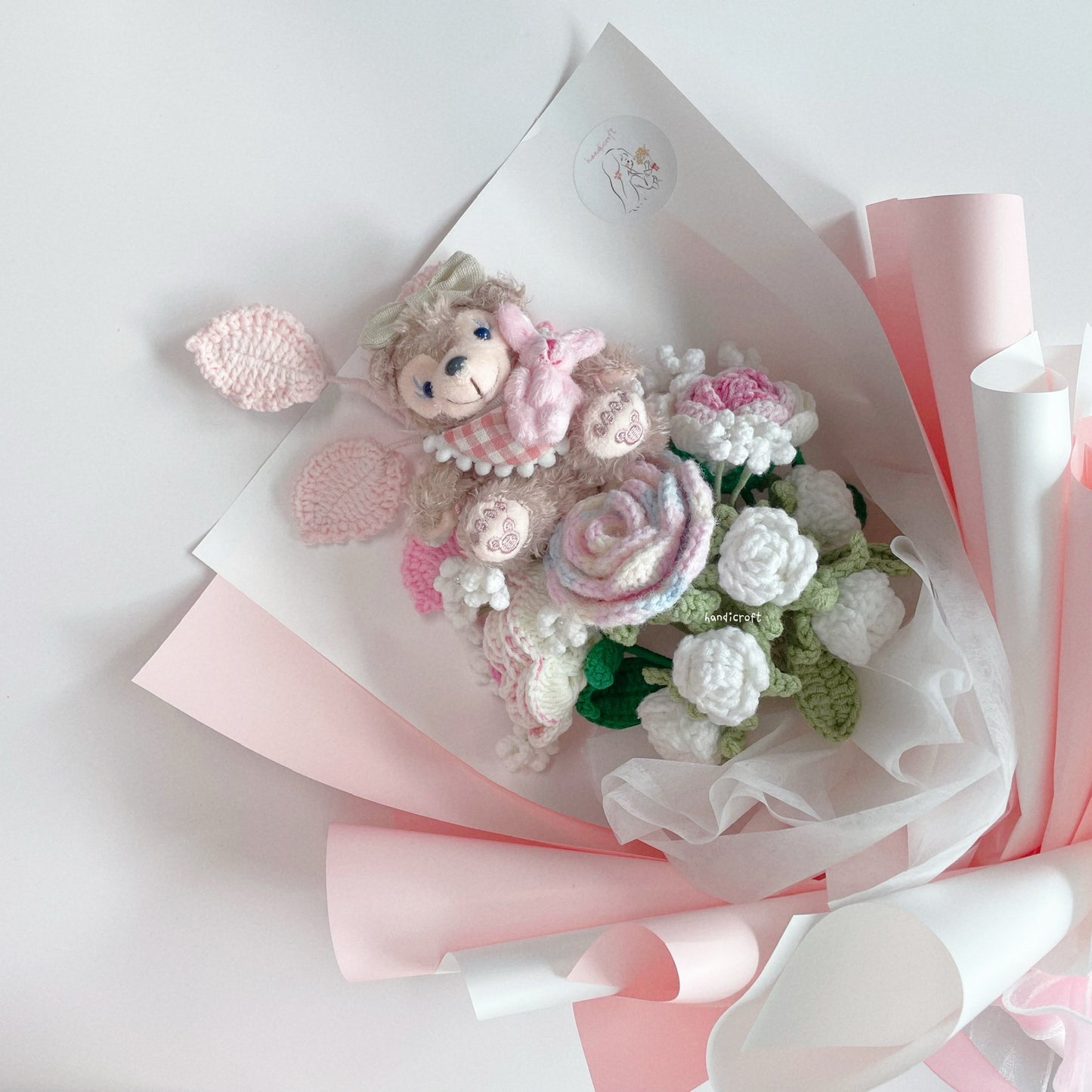 floral friends forever cartoon character cutie crochet flower bouquet in pink white shelliemay