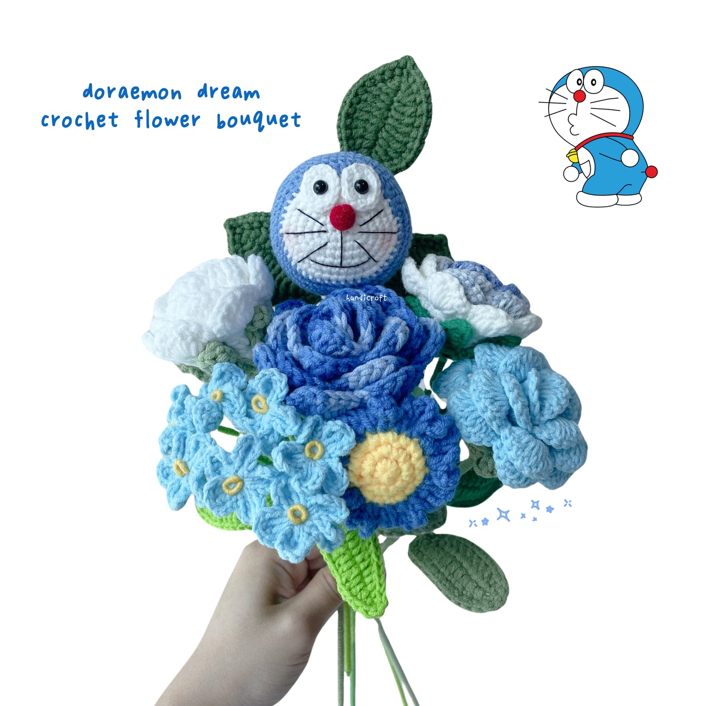 handicroft blue & white crochet flower bouquet doraemon dream