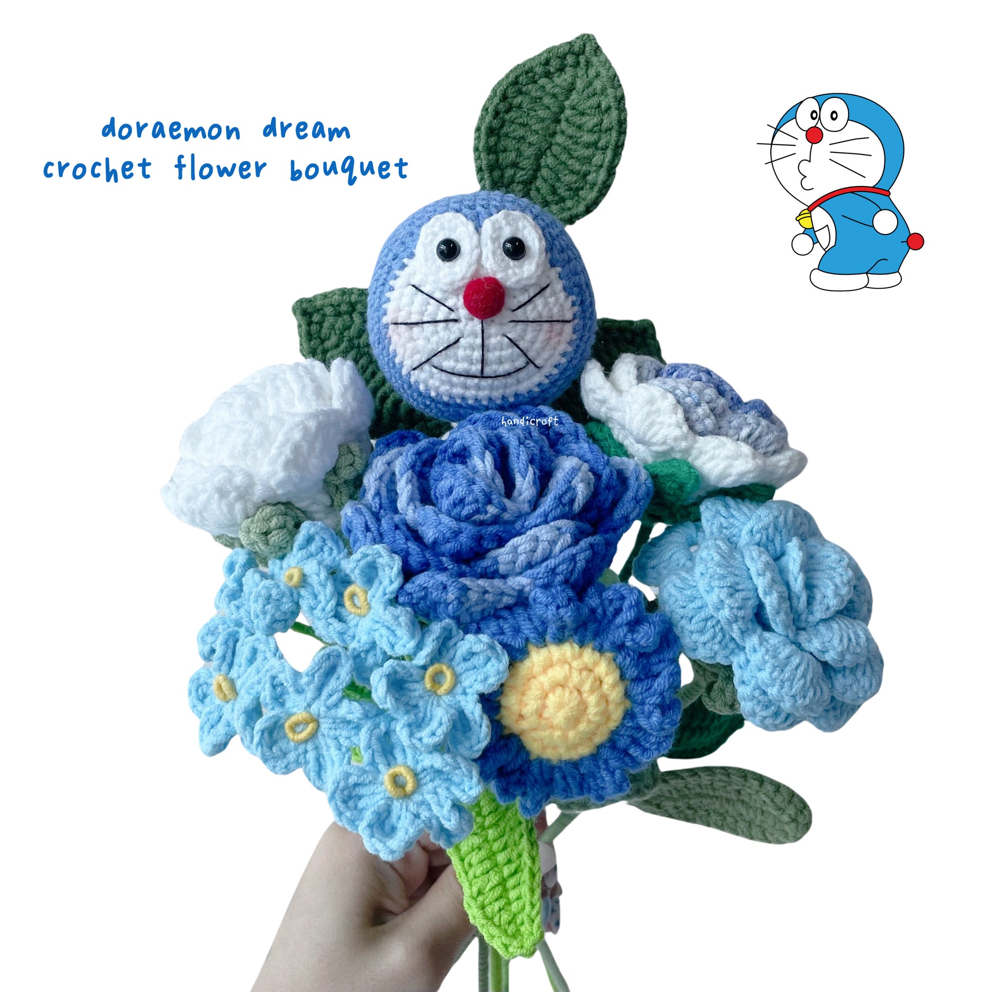handicroft blue & white crochet flower bouquet doraemon dream