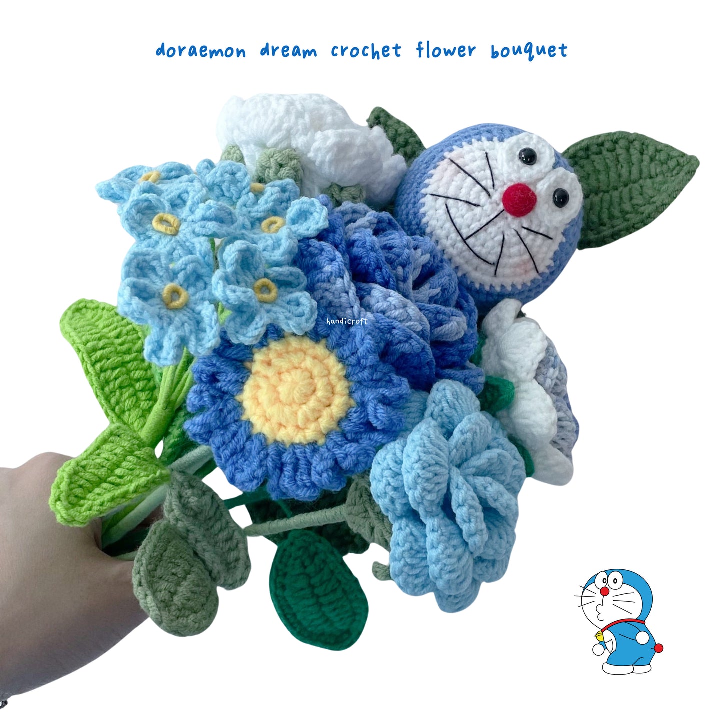 handicroft blue & white crochet flower bouquet doraemon dream