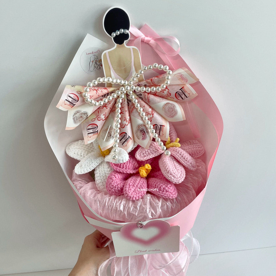 handicroft cash money crochet flower bouquet for every occasion dressed to bloom pink