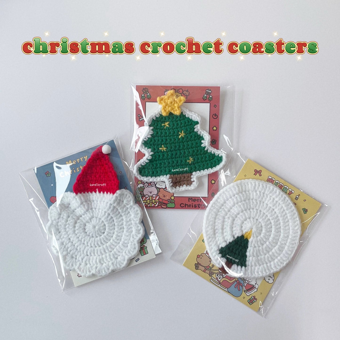handicroft crochet christmas coasters in three designs