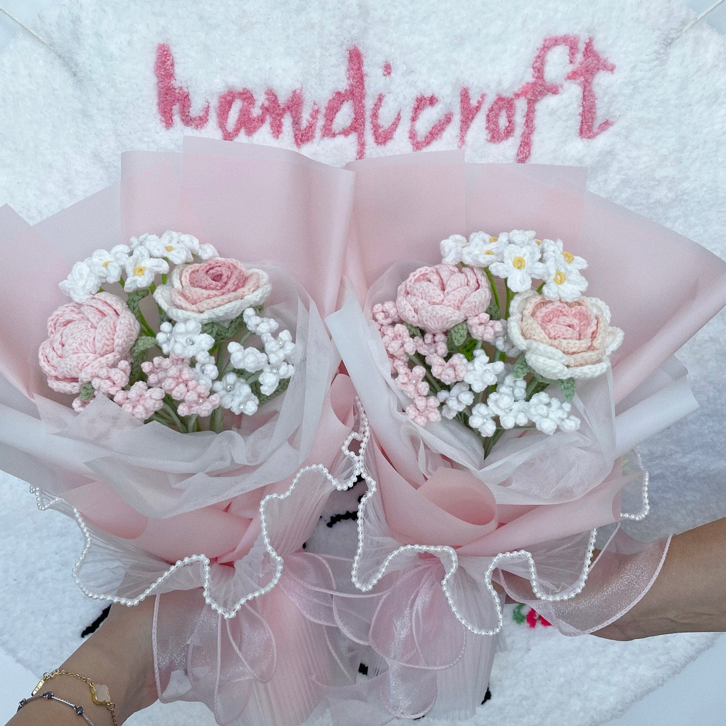 handicroft crochet flower bouquet pastel pink and white cotton candy love