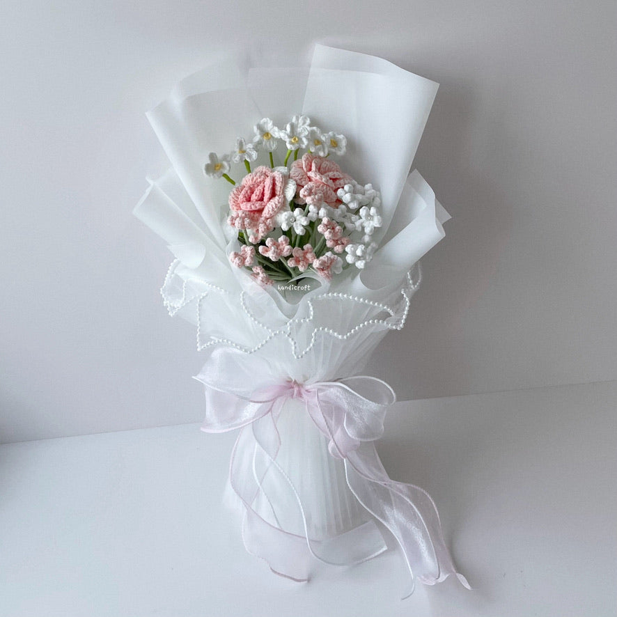 handicroft crochet flower bouquet pastel pink and white cotton candy love