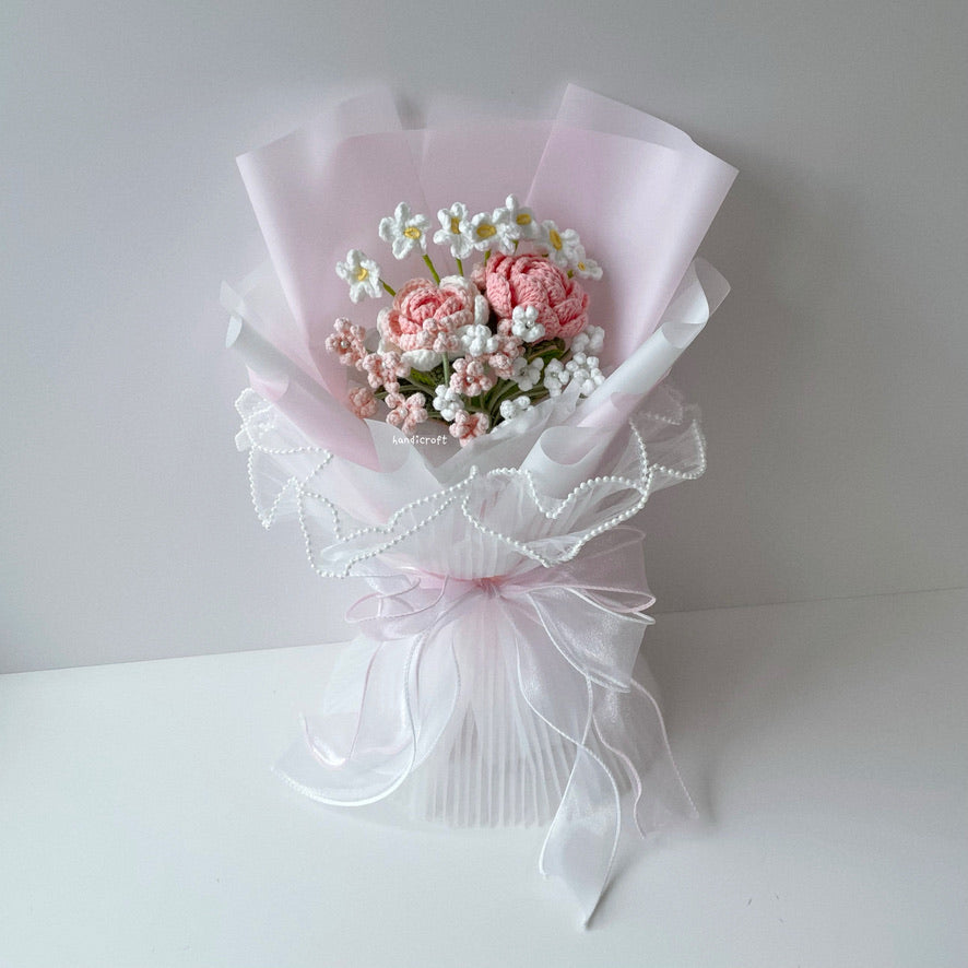 handicroft crochet flower bouquet pastel pink and white cotton candy love