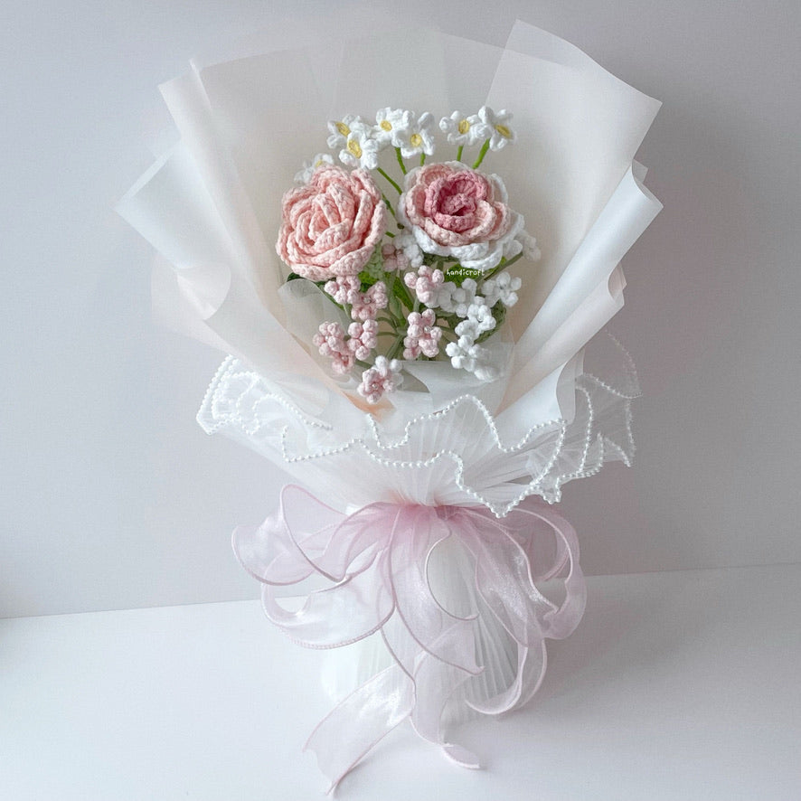 handicroft crochet flower bouquet pastel pink and white cotton candy love