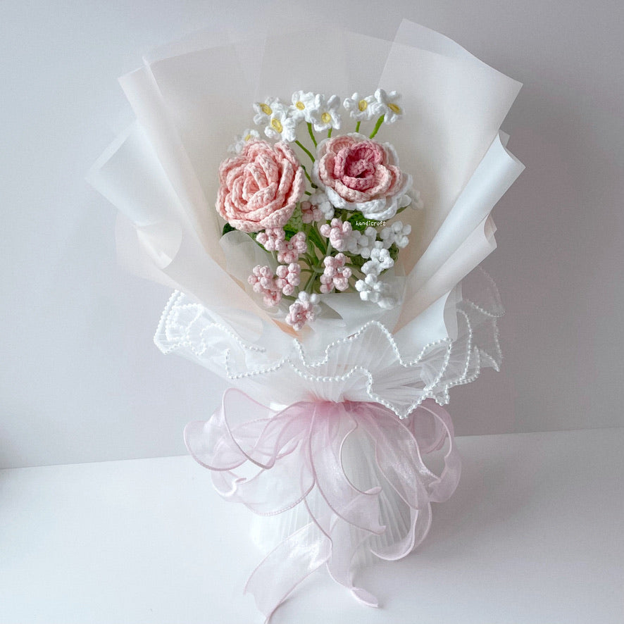 handicroft crochet flower bouquet pastel pink and white cotton candy love