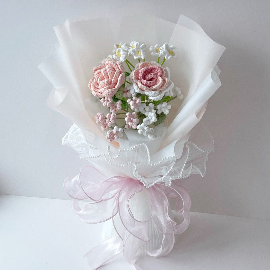 handicroft crochet flower bouquet pastel pink and white cotton candy love