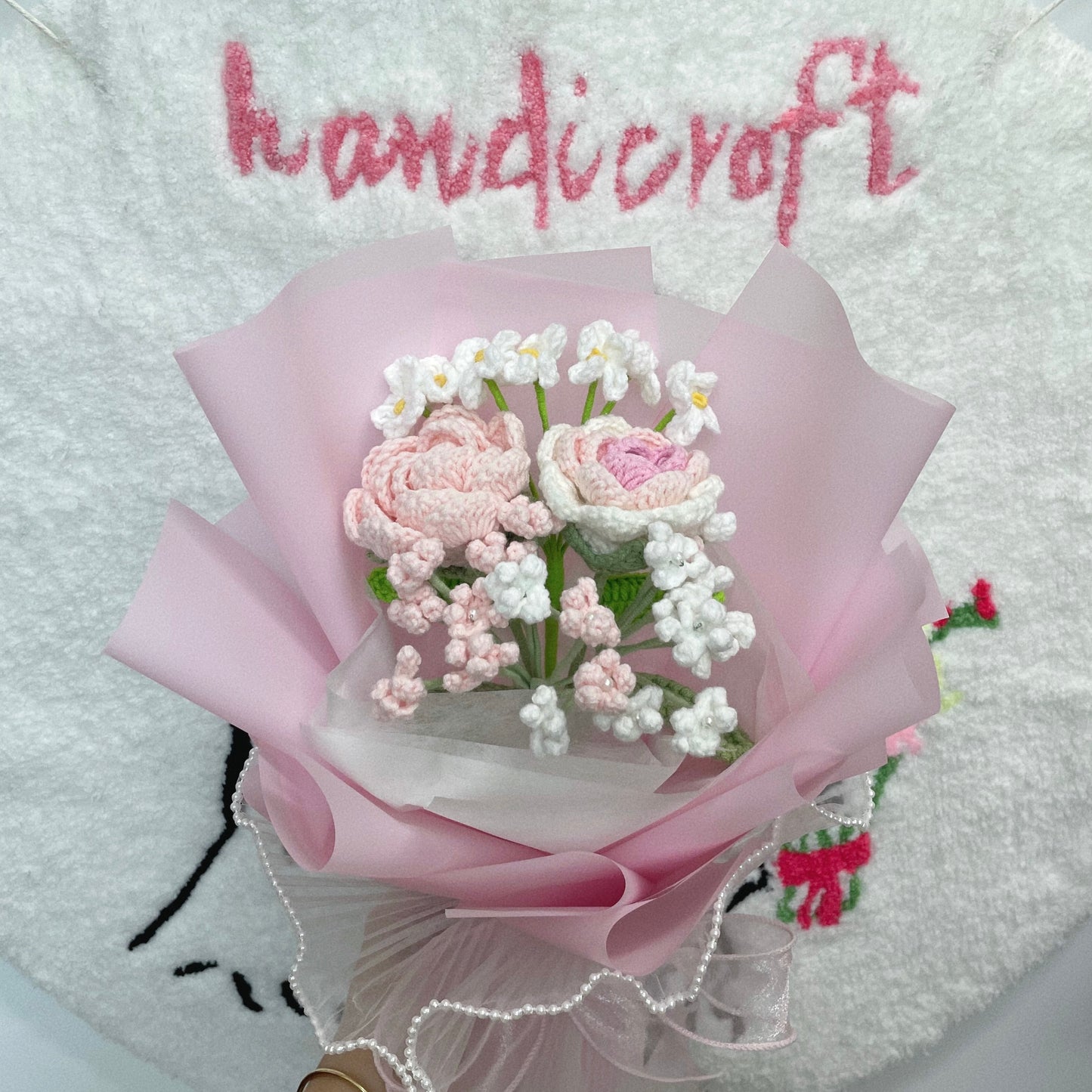 handicroft crochet flower bouquet pastel pink and white cotton candy love