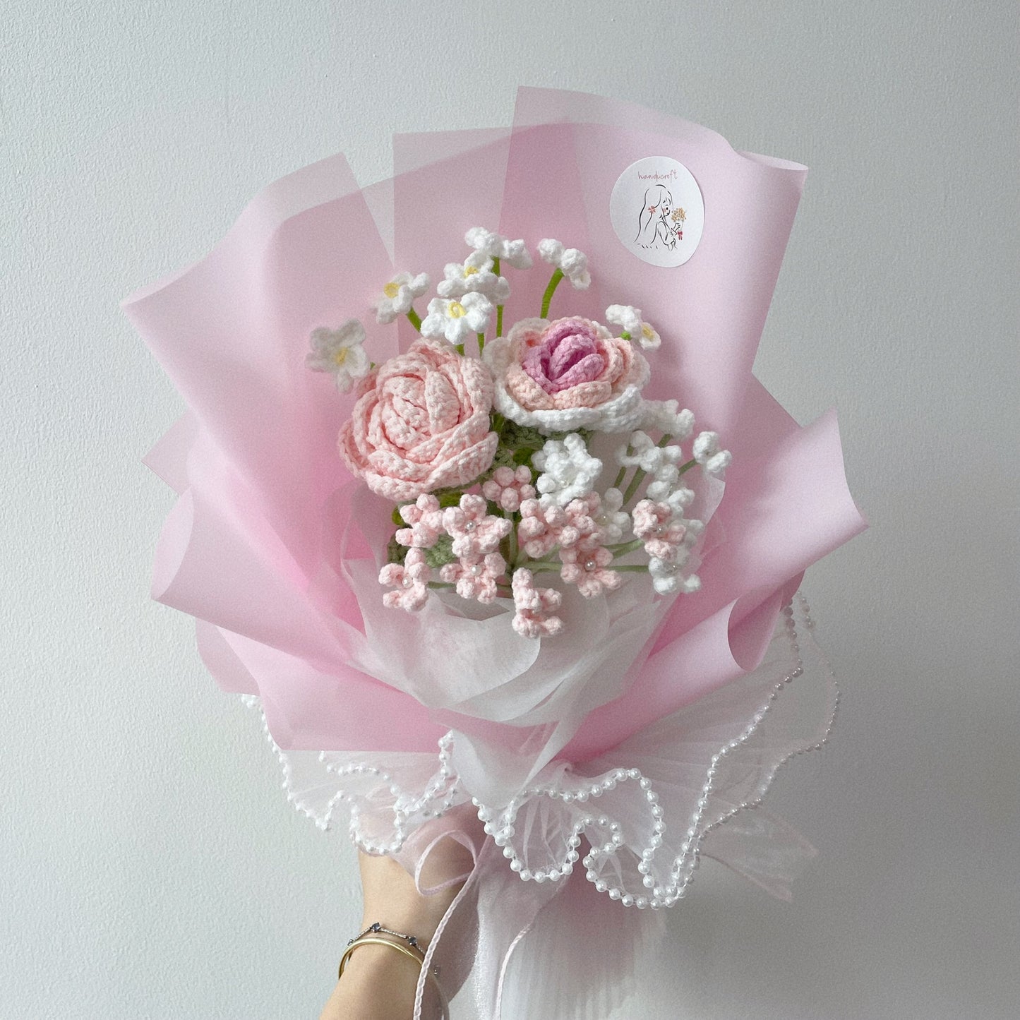 handicroft crochet flower bouquet pastel pink and white cotton candy love