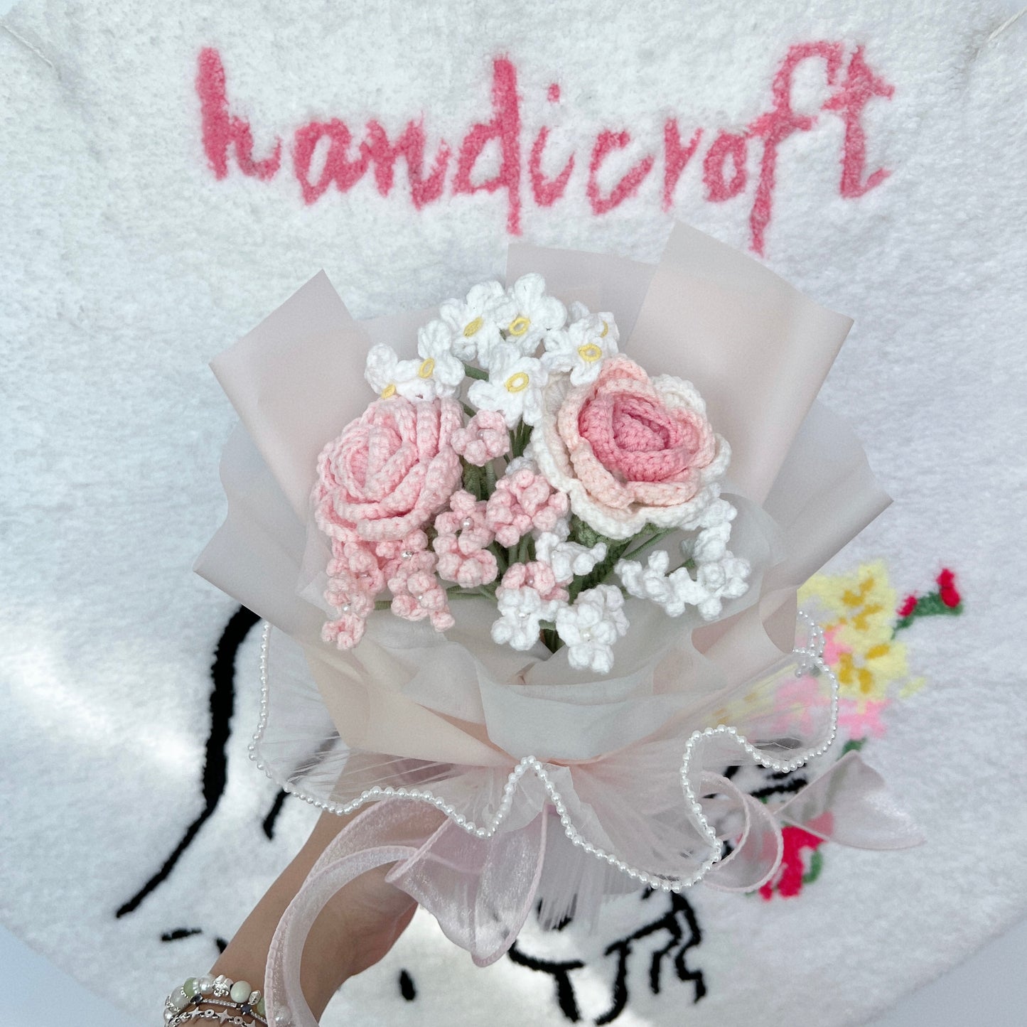 handicroft crochet flower bouquet pastel pink and white cotton candy love