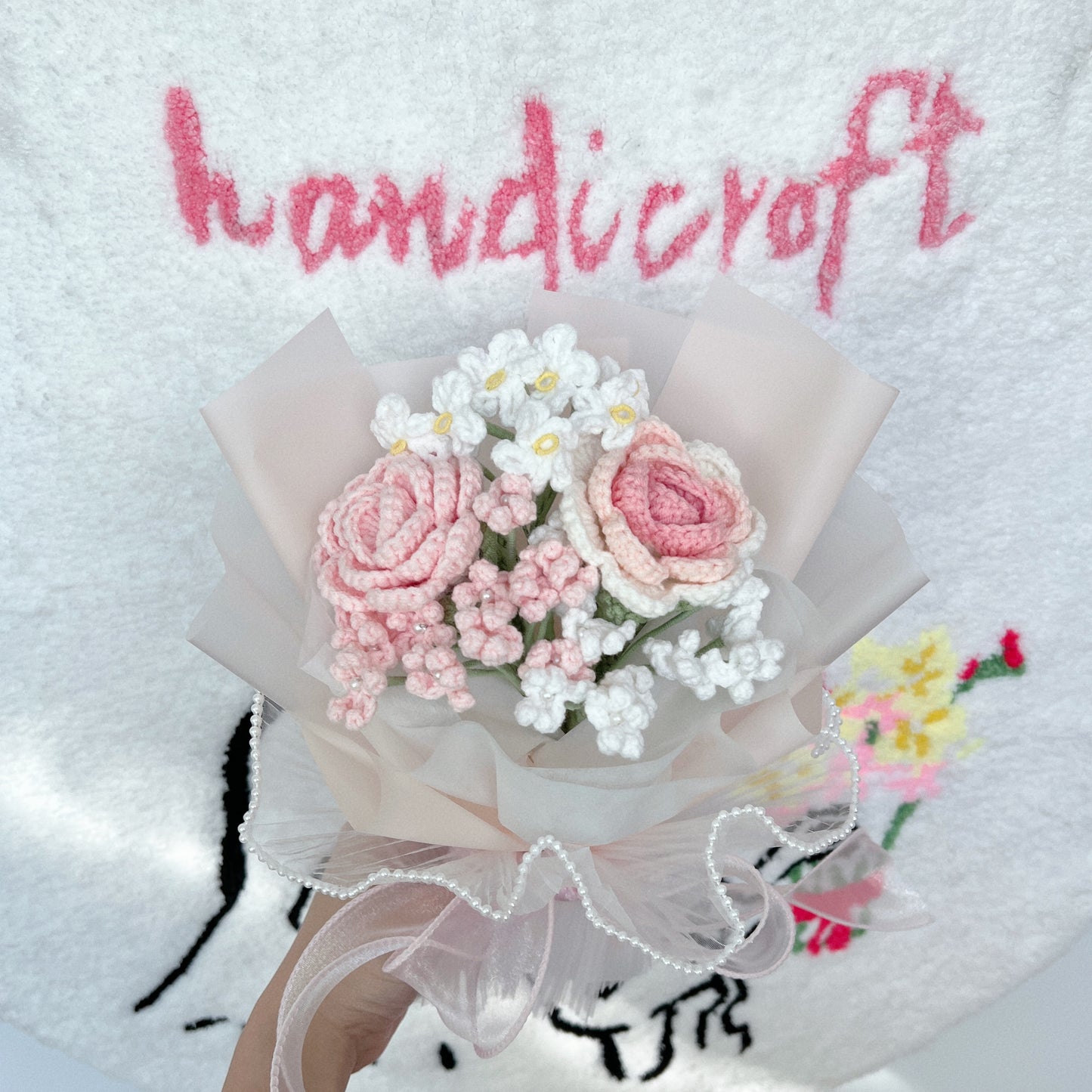 handicroft crochet flower bouquet pastel pink and white cotton candy love