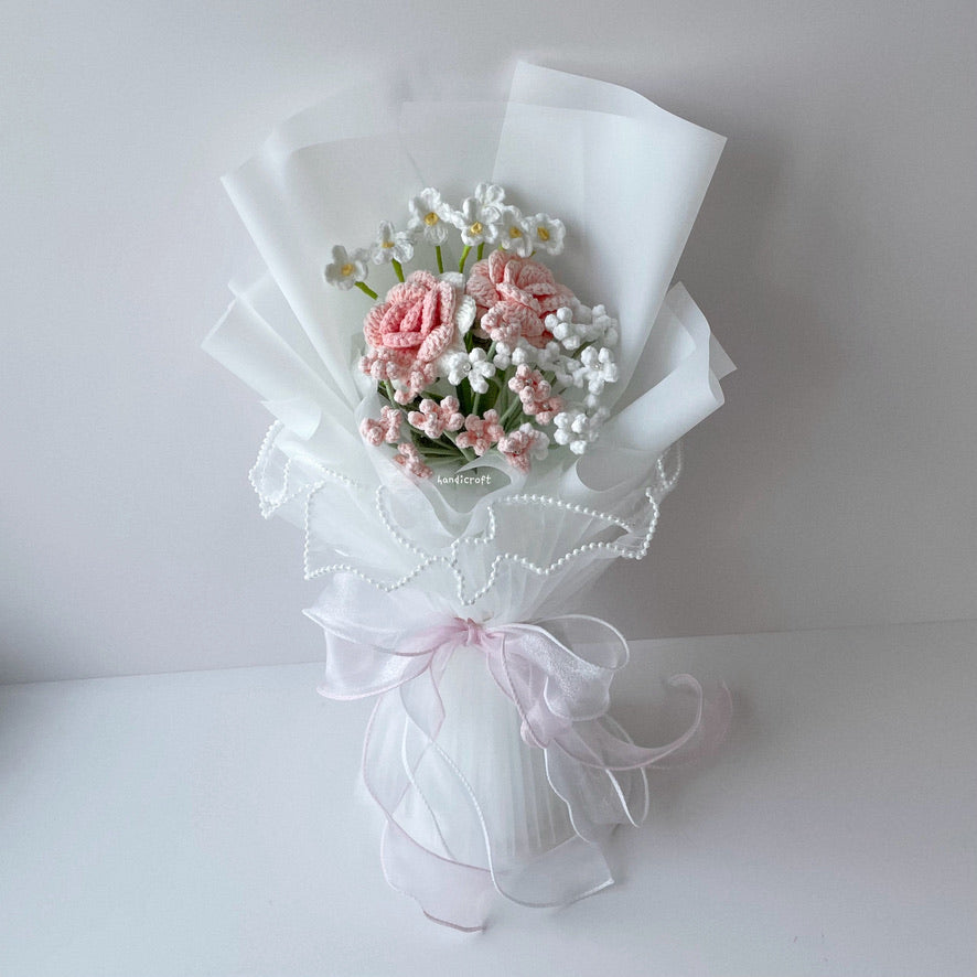 handicroft crochet flower bouquet pastel pink and white cotton candy love