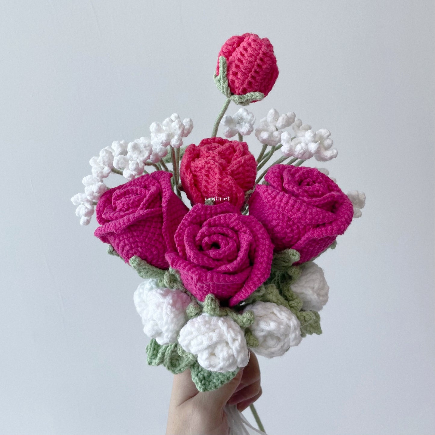 handicroft crochet flower bouquet trio of blushin' love hot pink roses white theme