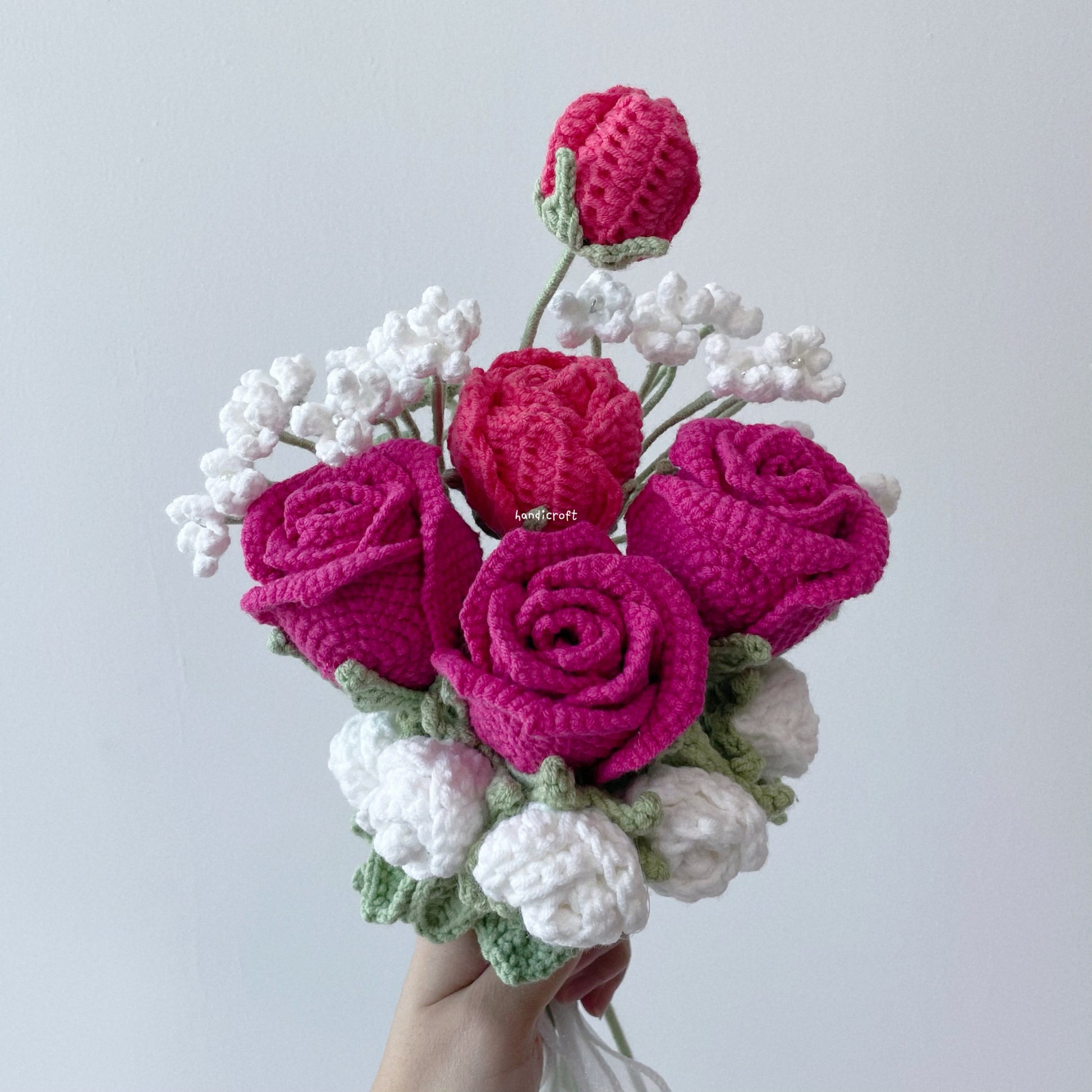 handicroft crochet flower bouquet trio of blushin' love hot pink roses white theme