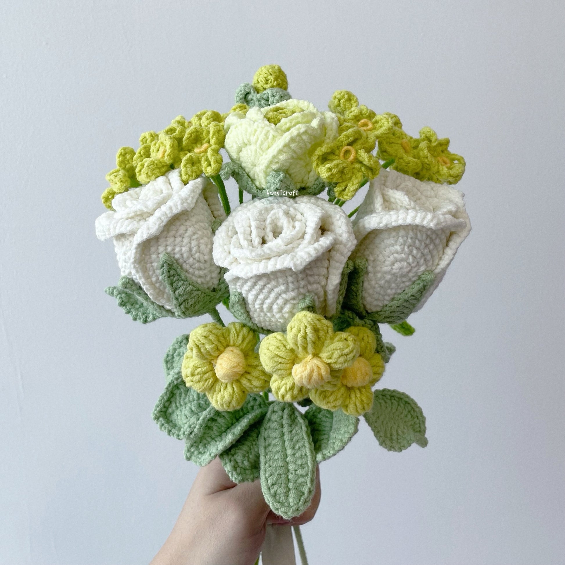 handicroft crochet flower bouquet trio of blushin' love off white roses green theme