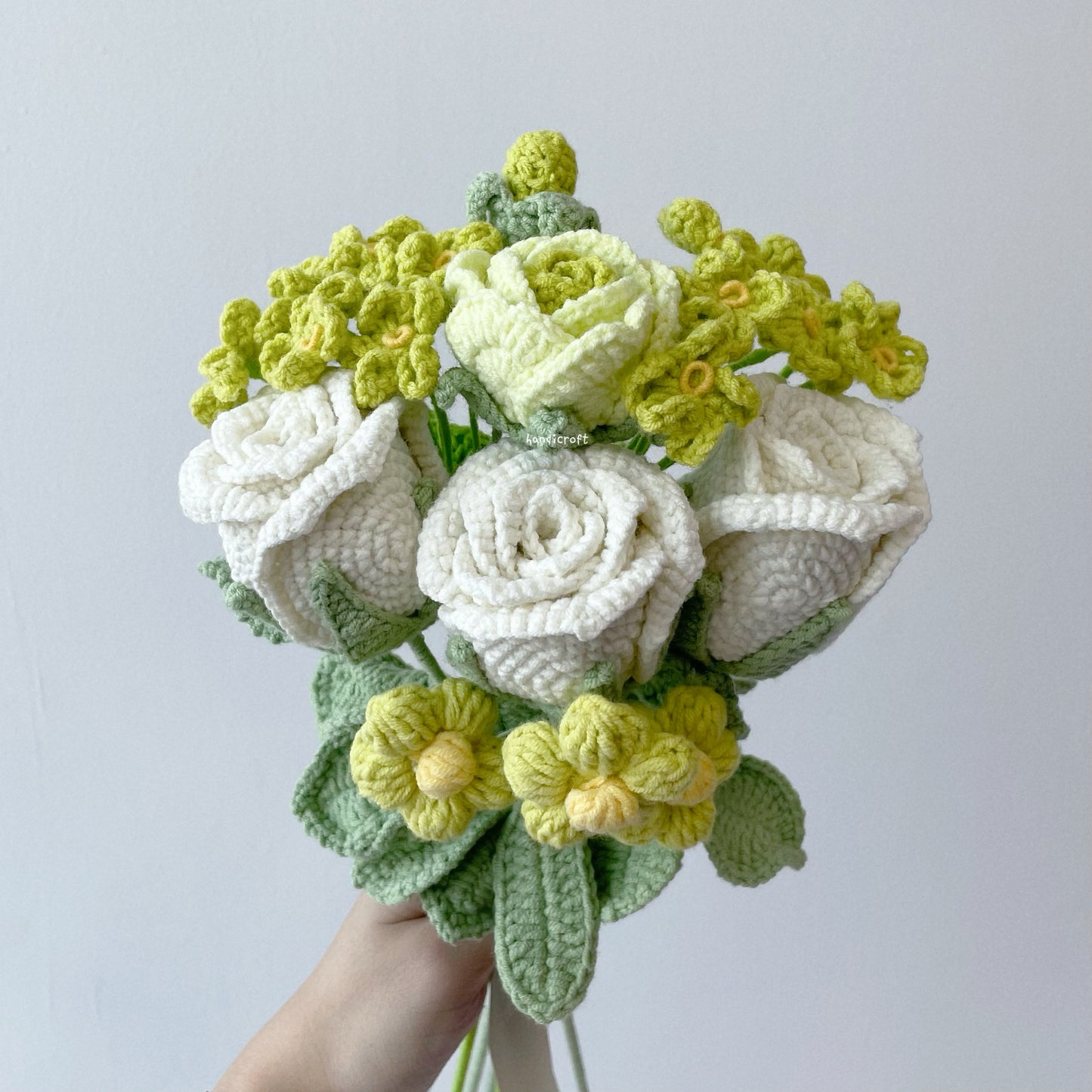 handicroft crochet flower bouquet trio of blushin' love off white roses green theme