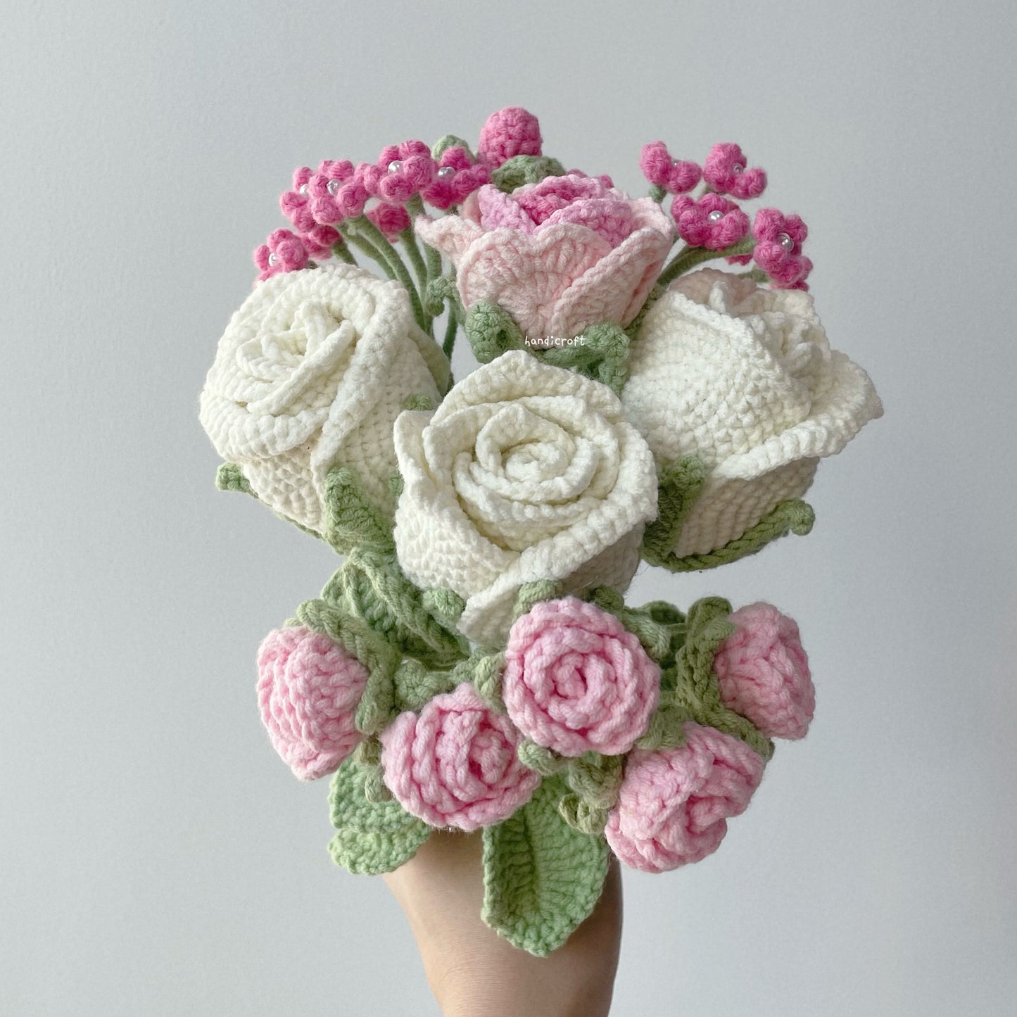 handicroft crochet flower bouquet trio of blushin' love off white roses pink theme