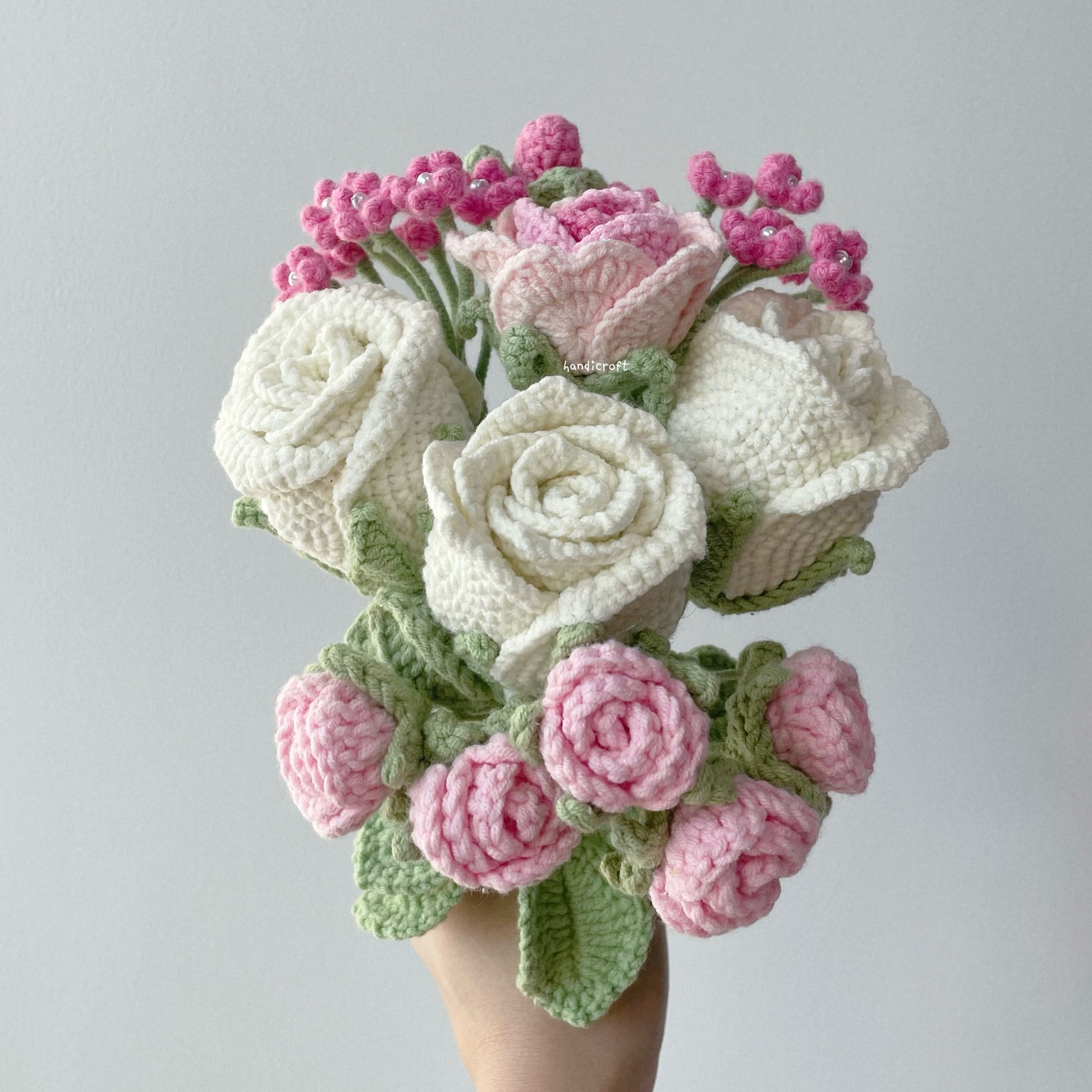 handicroft crochet flower bouquet trio of blushin' love off white roses pink theme