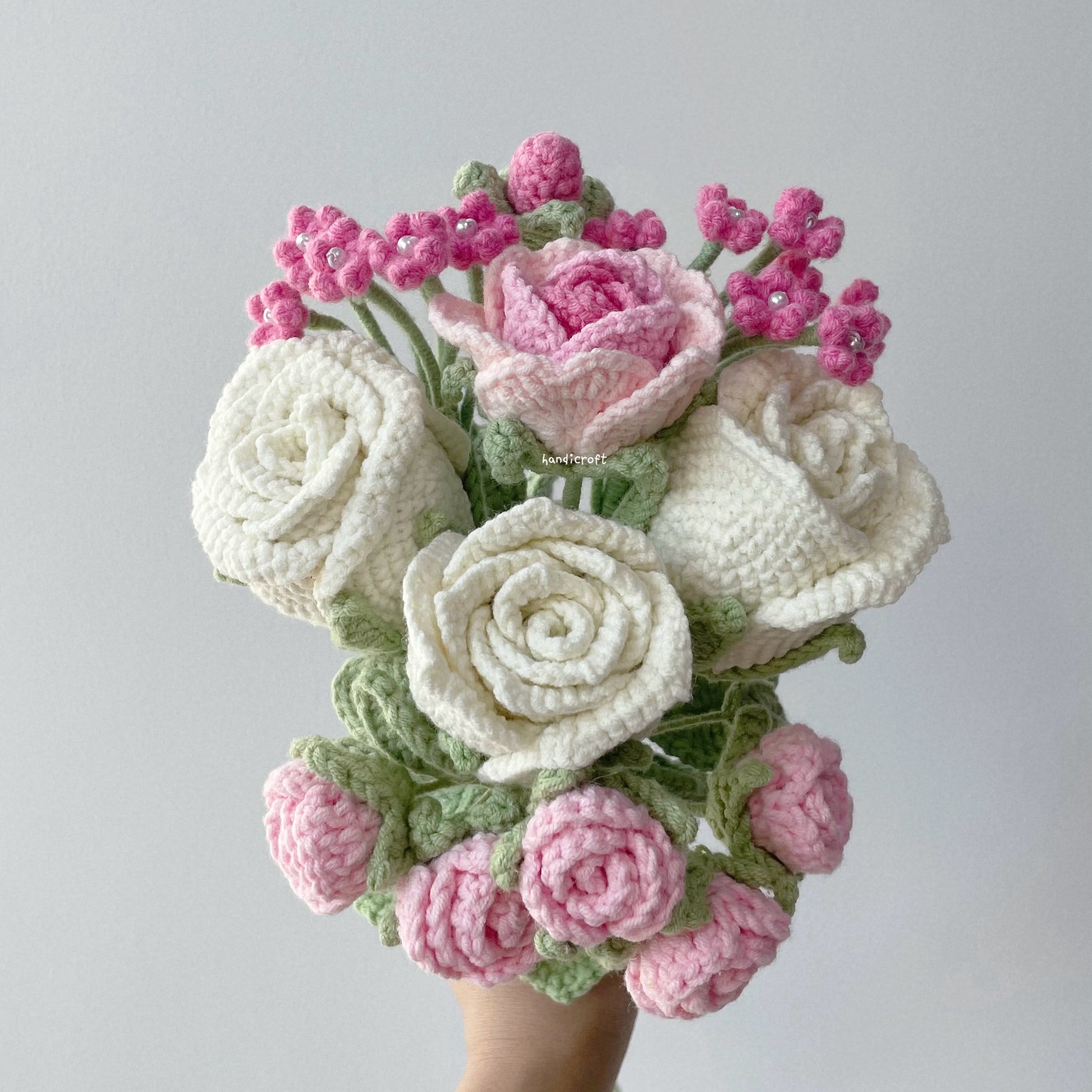 handicroft crochet flower bouquet trio of blushin' love off white roses pink theme