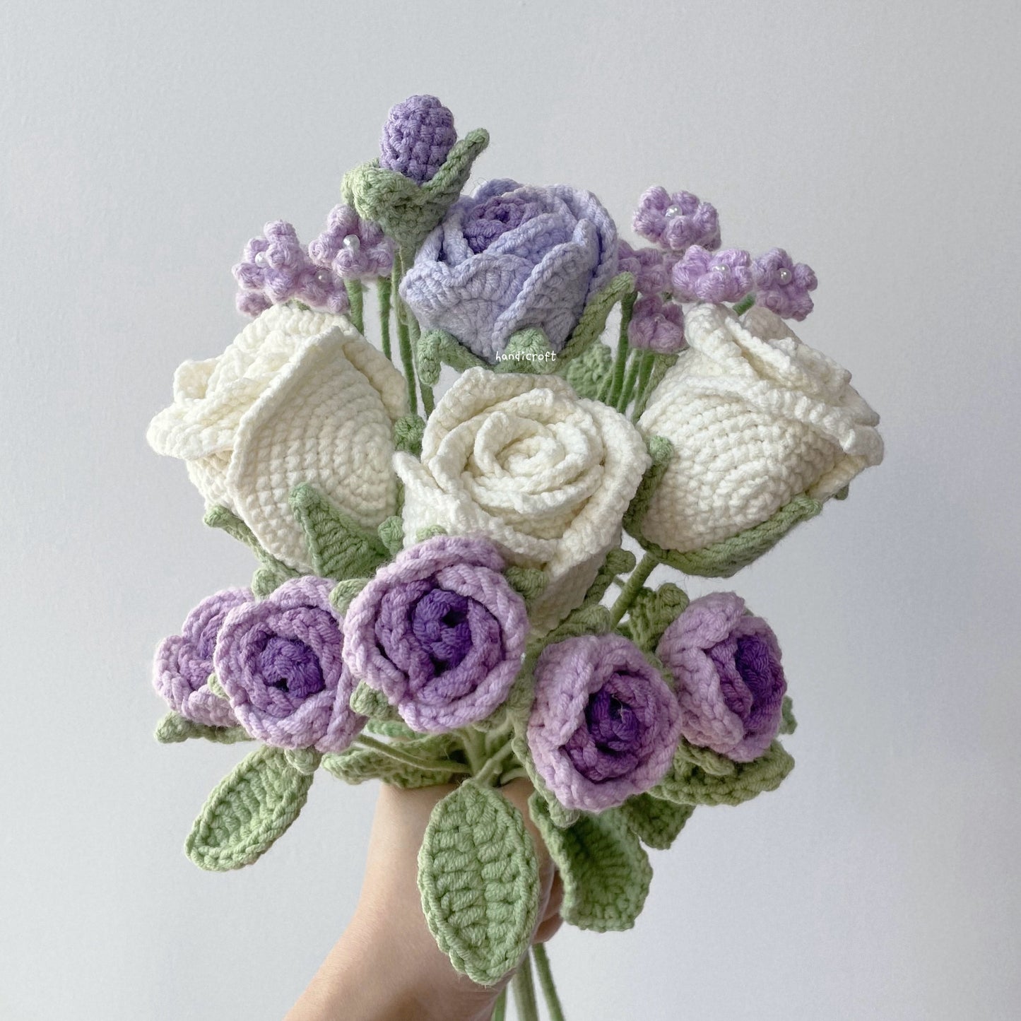 handicroft crochet flower bouquet trio of blushin' love off white roses purple theme