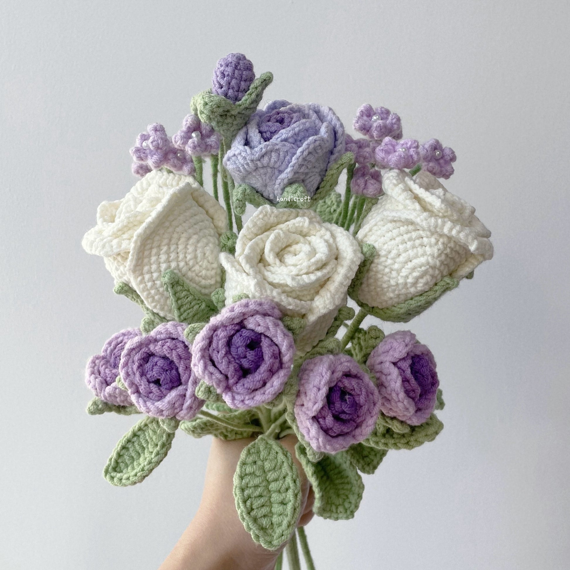 handicroft crochet flower bouquet trio of blushin' love off white roses purple theme