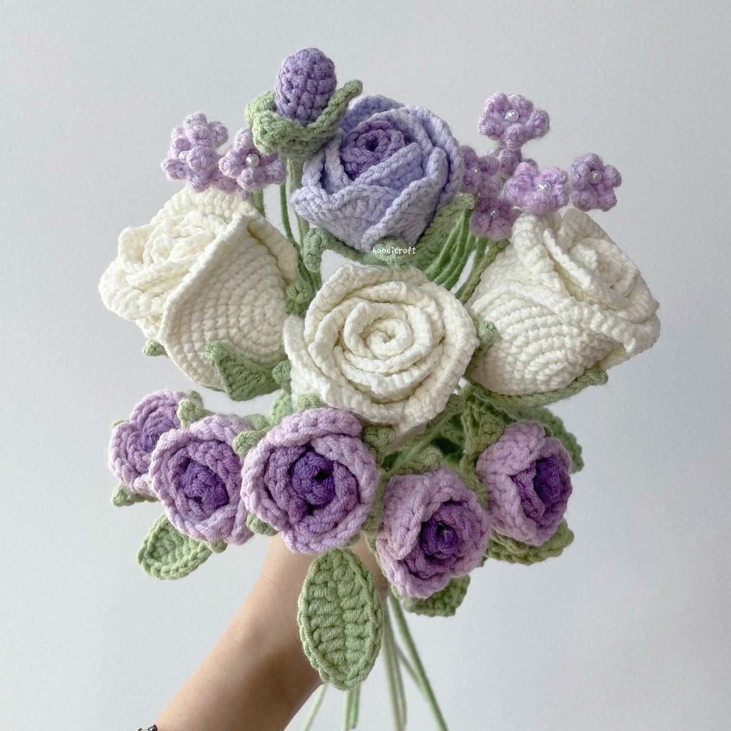 handicroft crochet flower bouquet trio of blushin' love off white roses purple theme