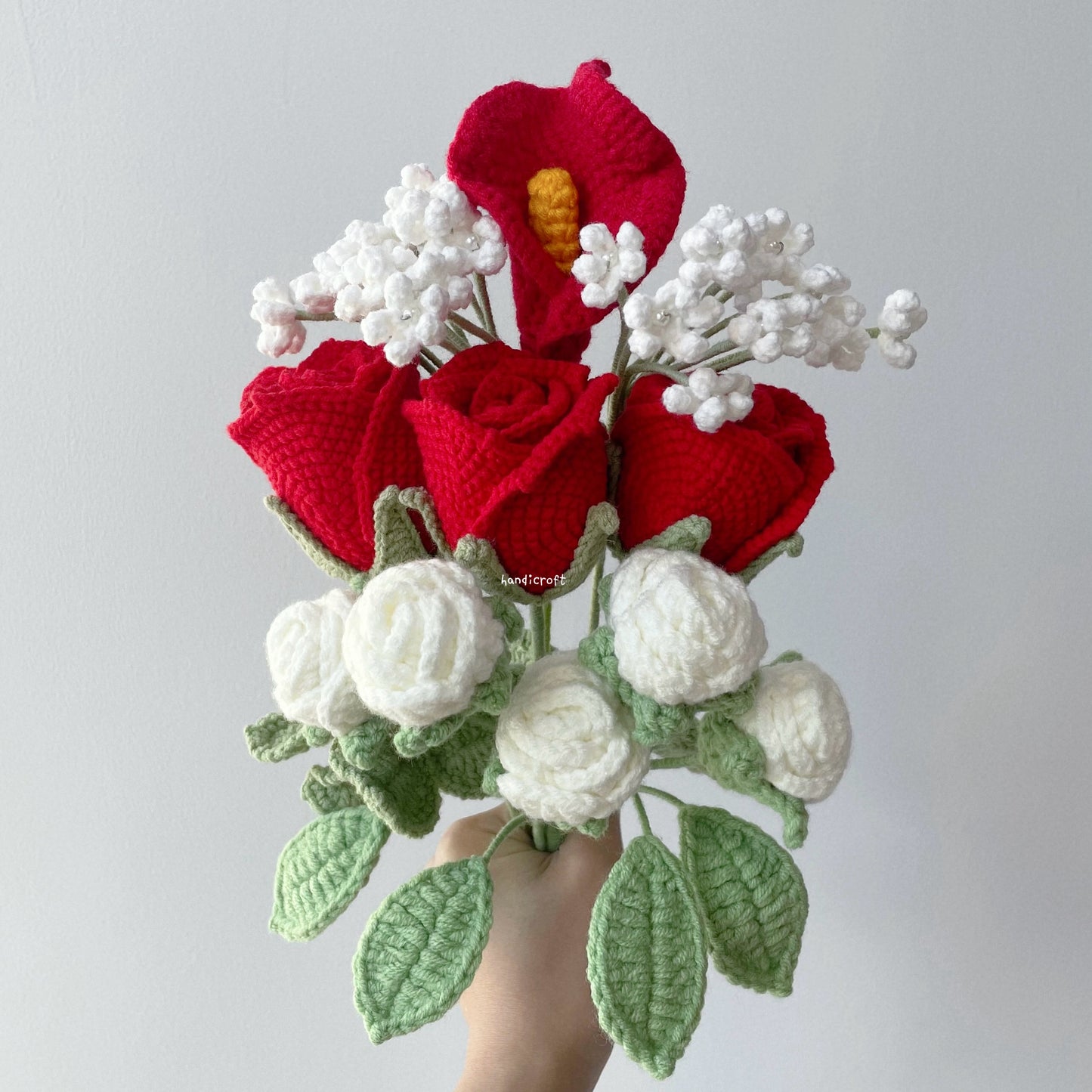 handicroft crochet flower bouquet trio of blushin' love red roses white theme