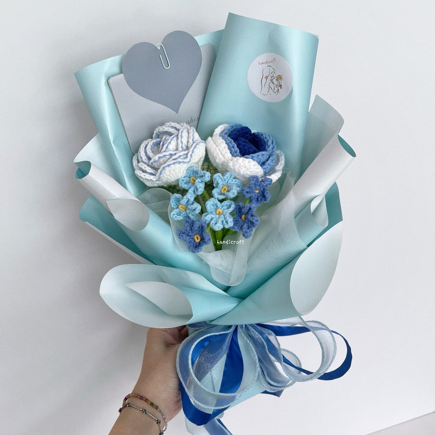 handicroft crochet flower bouquet trio of joy in blue