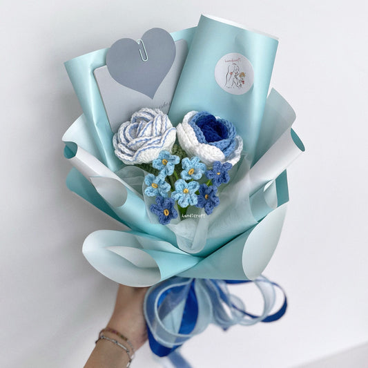 handicroft crochet flower bouquet trio of joy in blue