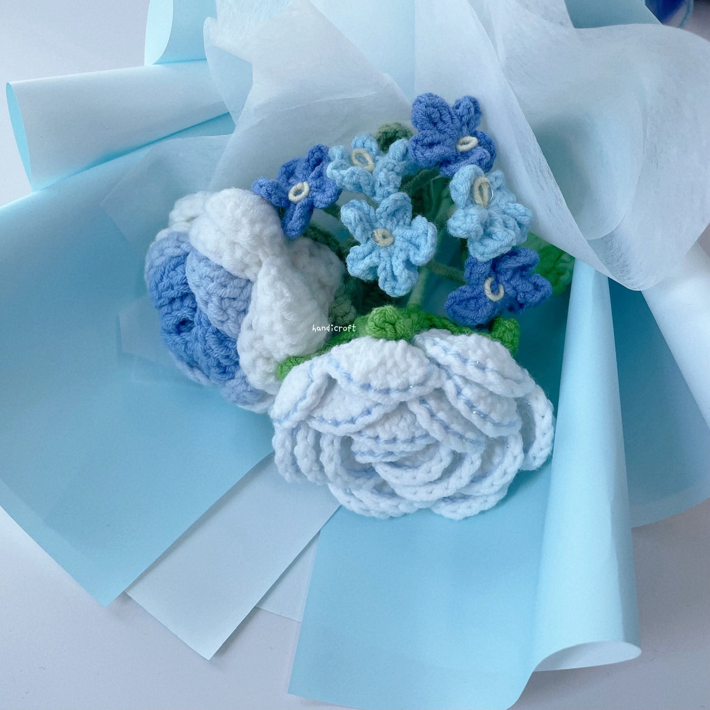 handicroft crochet flower bouquet trio of joy in blue 3
